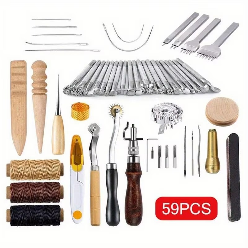 Groover Stitching Tool - 59点セットの革細工用工具セット。手縫い、ステッチ、スタンピング、鞍作り、溝切りなど、DIY革細工に最適な工具キット。